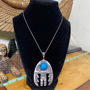 Vintage Turquoise Pendant Necklace - Blue Stone Tribal Design